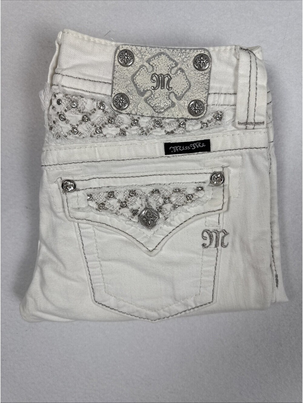 Miss Me Jeans Womens 26x30 White Skinny Low Rise Rhinestone Bling Embellished